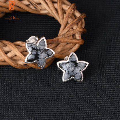Snowflake Obsidian Moonflower 925 Silver Stud Earrings