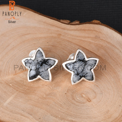Snowflake Obsidian Moonflower 925 Silver Stud Earrings