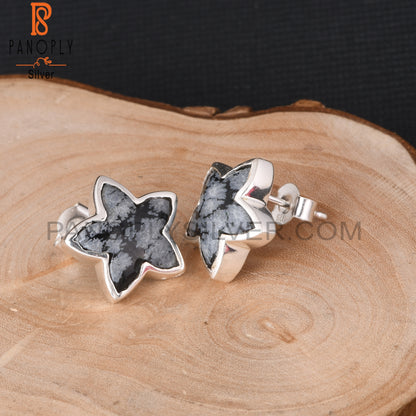 Snowflake Obsidian Moonflower 925 Silver Stud Earrings