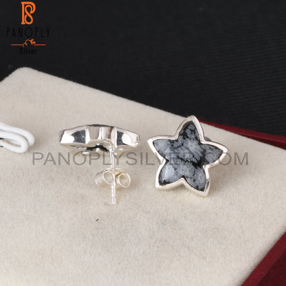 Snowflake Obsidian Moonflower 925 Silver Stud Earrings