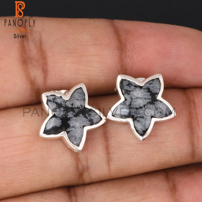 Snowflake Obsidian Moonflower 925 Silver Stud Earrings