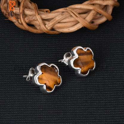 Sunflower Tiger Eye Yellow 925 Sterling Silver Stud Earrings