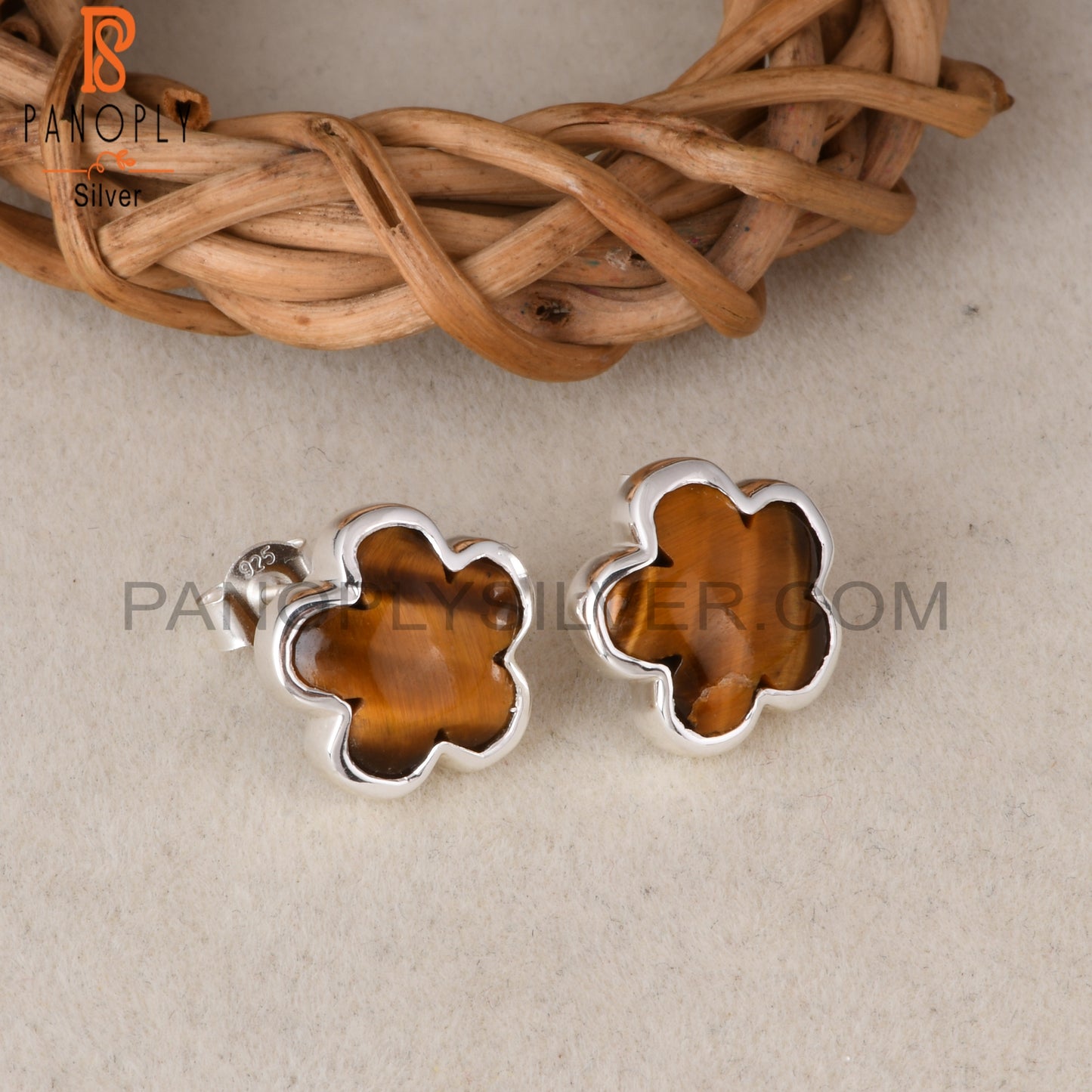 Sunflower Tiger Eye Yellow 925 Sterling Silver Stud Earrings