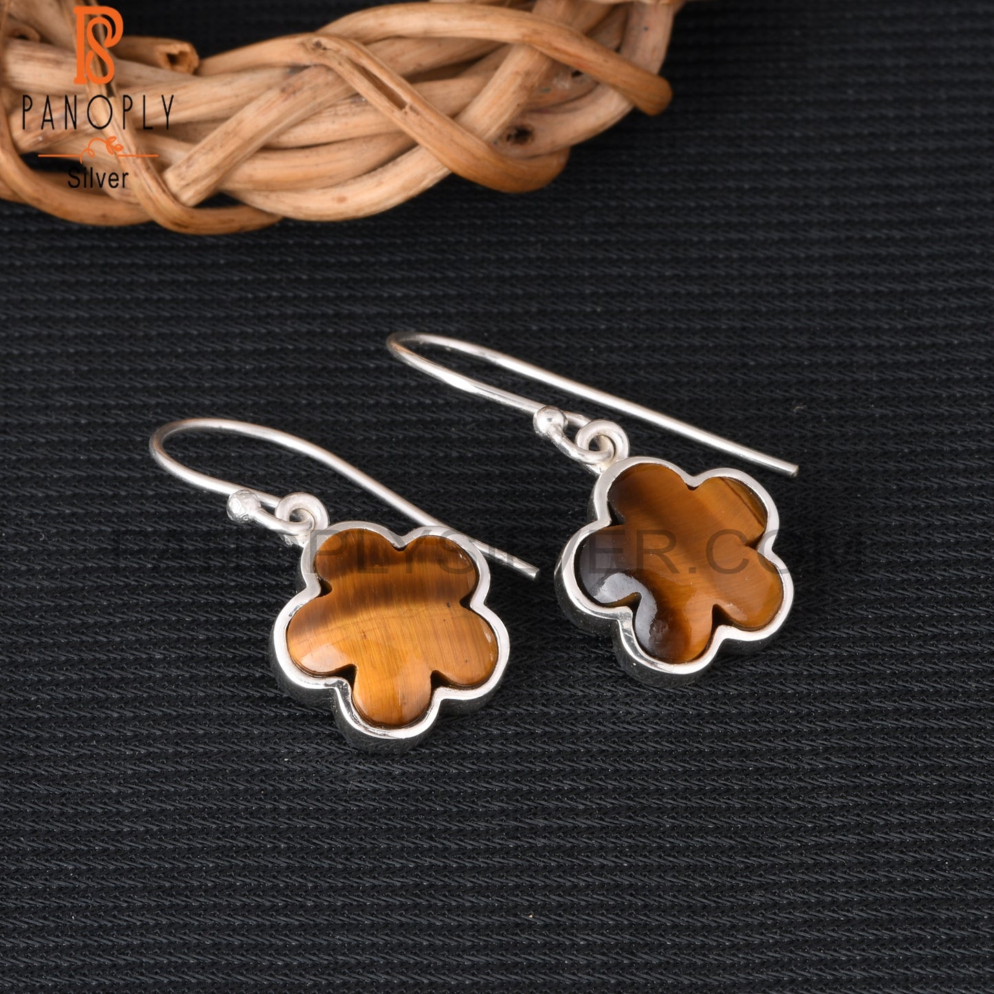 Tiger Eye Yellow 925 Sterling Silver Sunflower Dangle Earrings