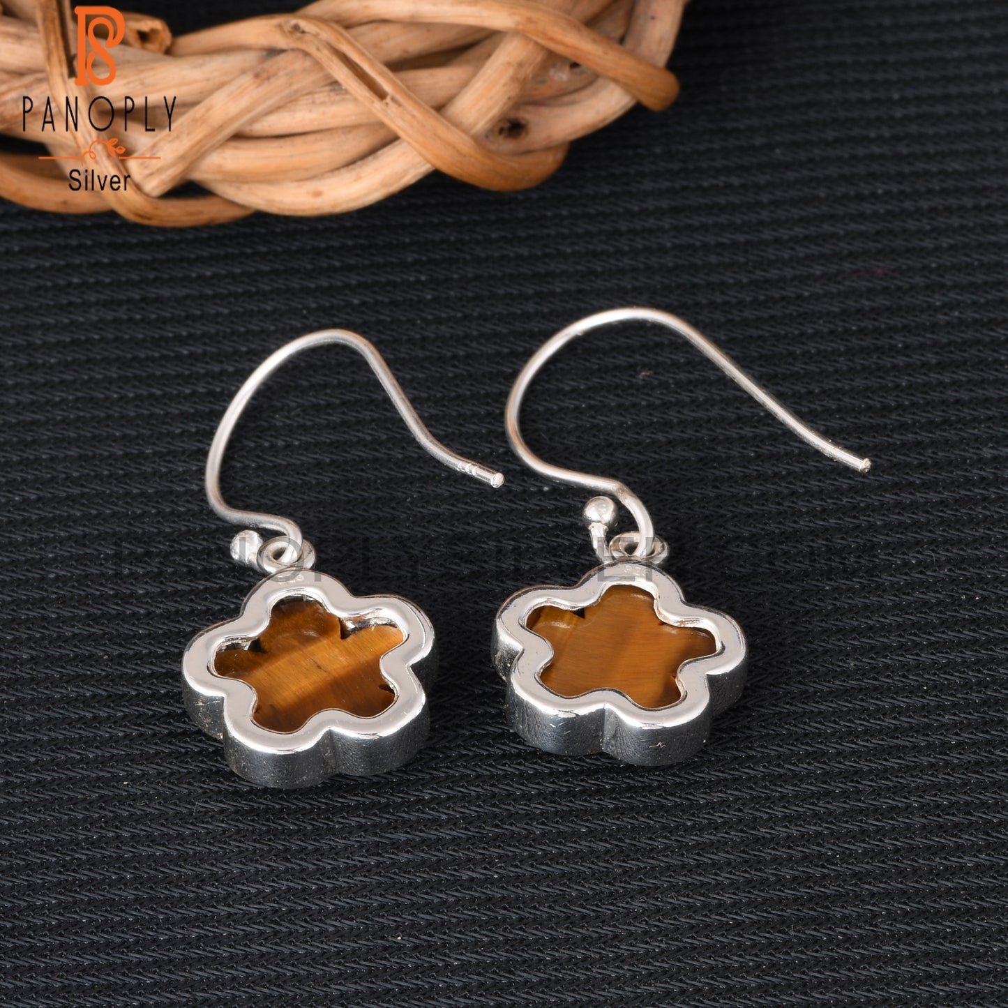 Tiger Eye Yellow 925 Sterling Silver Sunflower Dangle Earrings