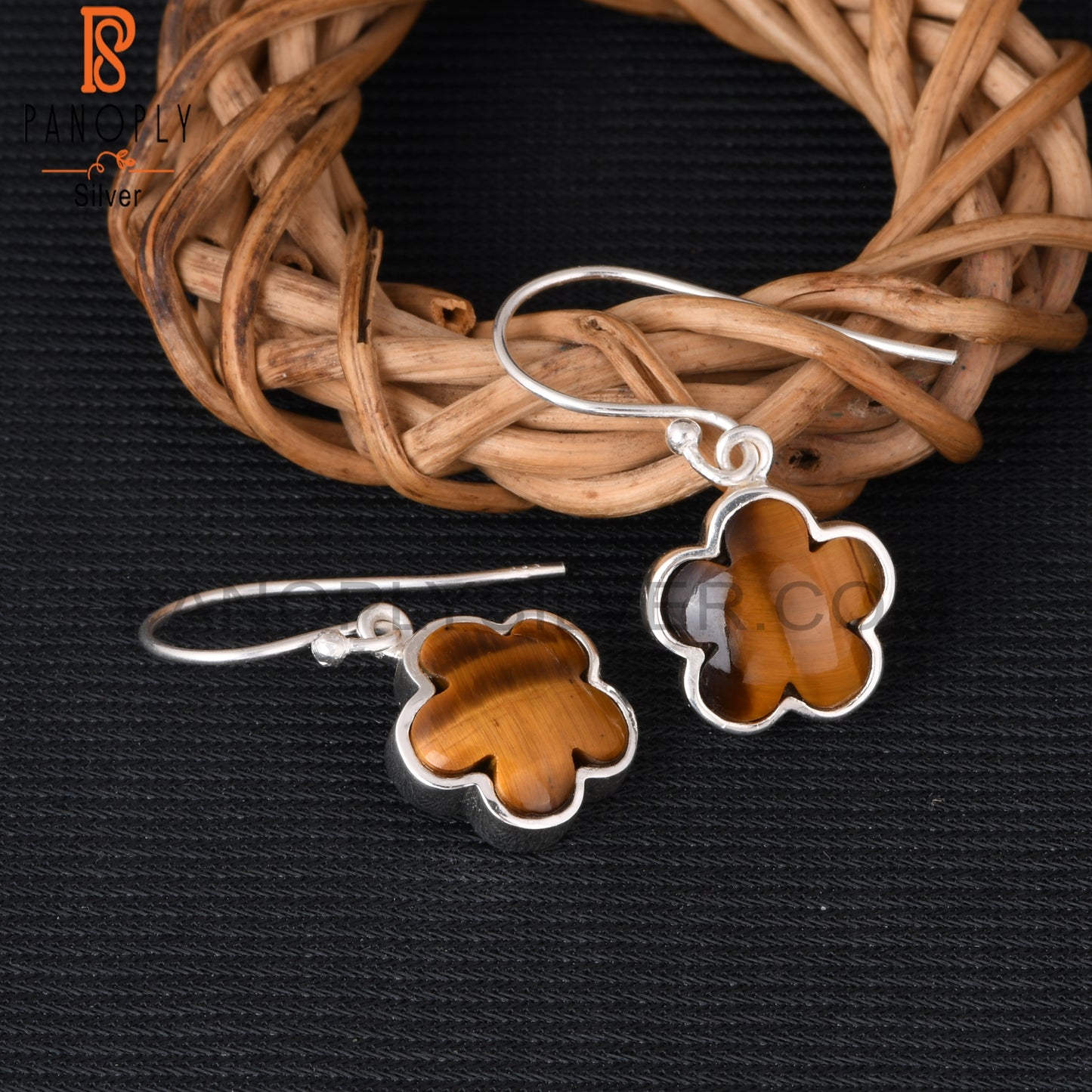 Tiger Eye Yellow 925 Sterling Silver Sunflower Dangle Earrings