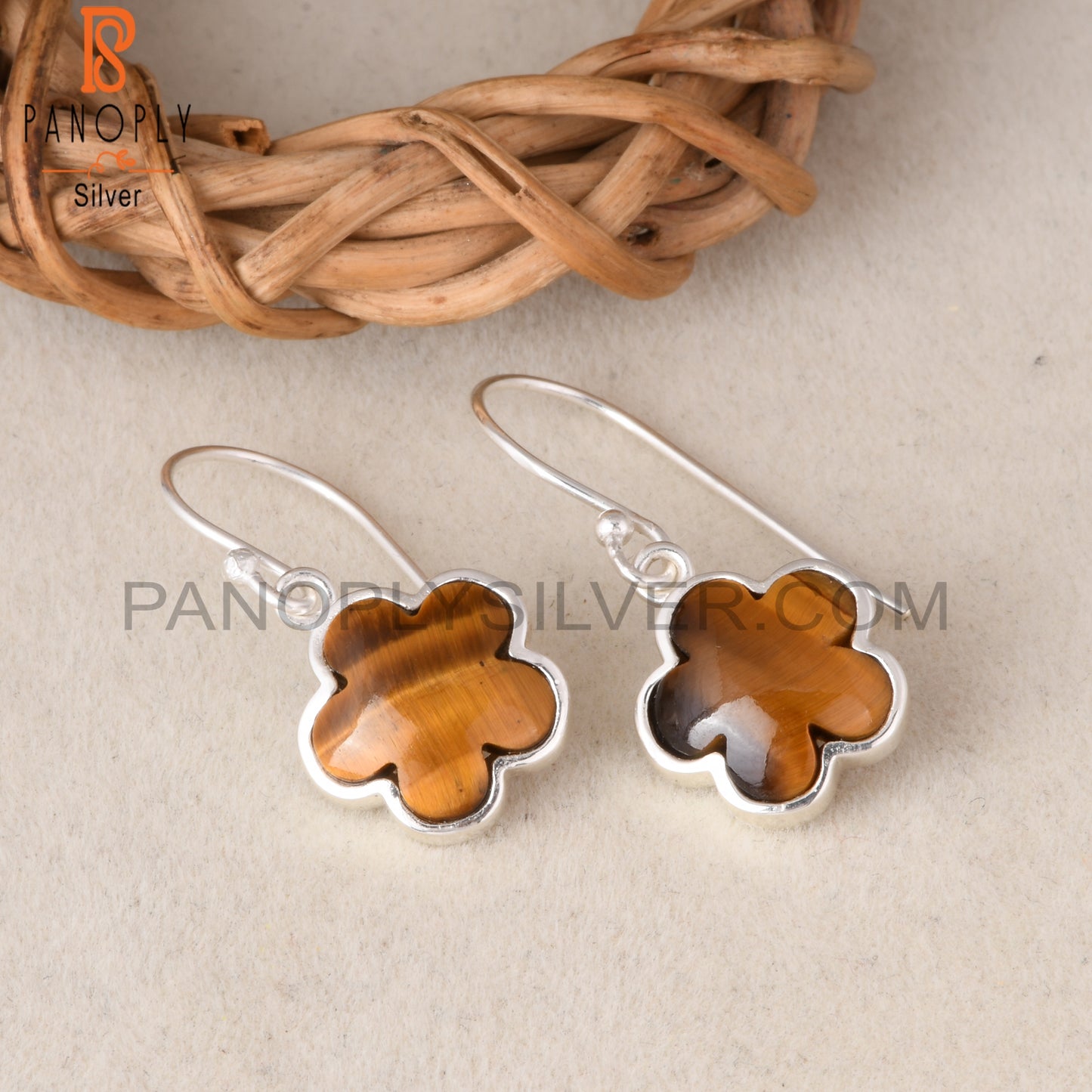 Tiger Eye Yellow 925 Sterling Silver Sunflower Dangle Earrings
