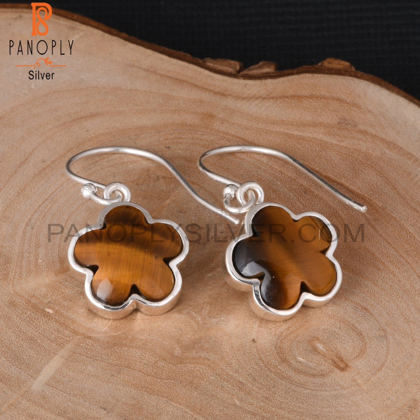 Tiger Eye Yellow 925 Sterling Silver Sunflower Dangle Earrings