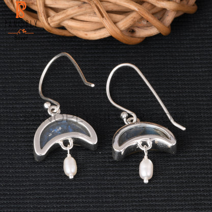 Labradorite & Pearl 925 Sterling Silver Dangle Earrings