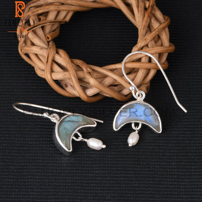 Labradorite & Pearl 925 Sterling Silver Dangle Earrings