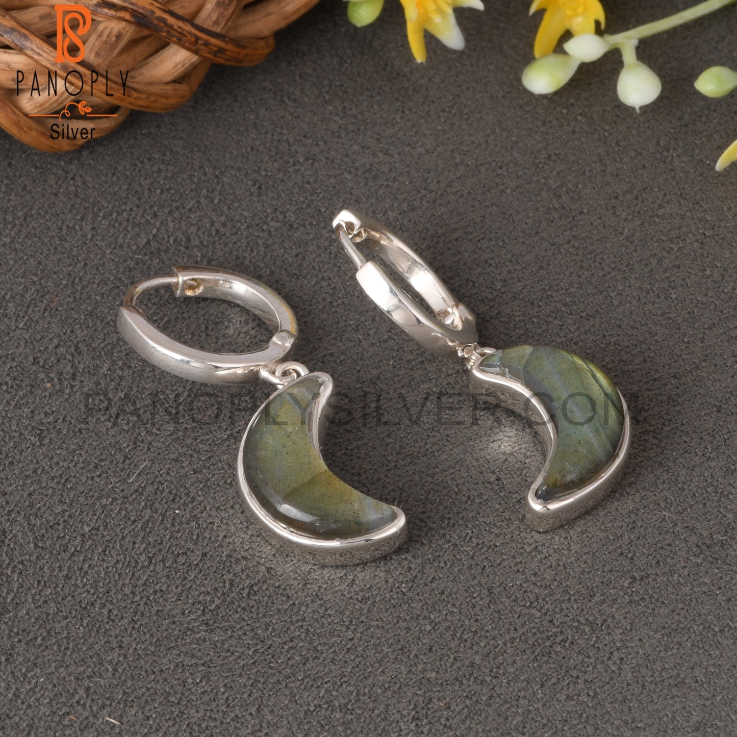 Labradorite Moon Shape 925 Sterling Silver Earrings