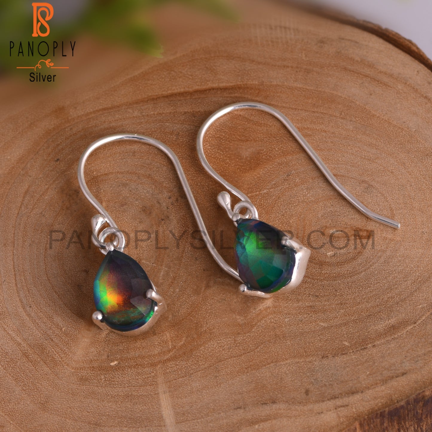 Aurora Opal Red Green Pear 925 Sterling Silver Drop Earrings
