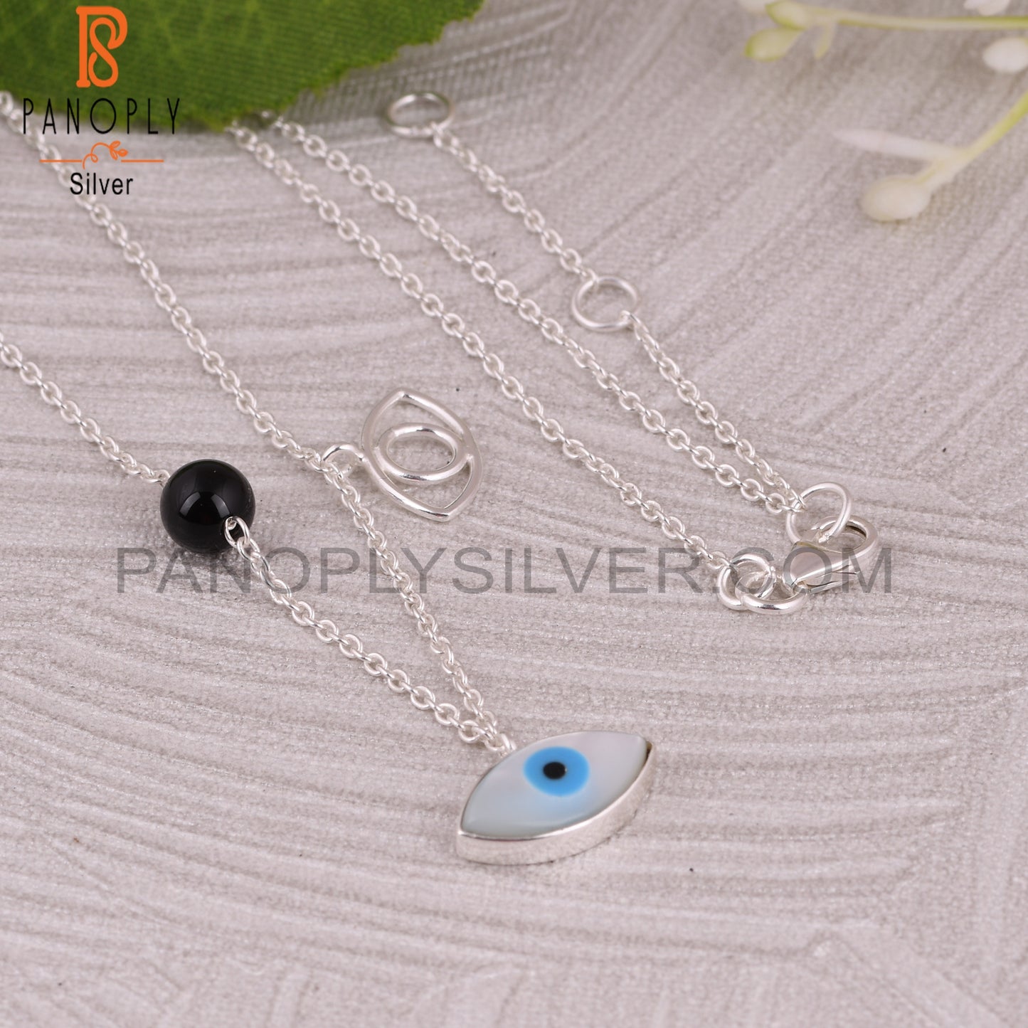 Black Onyx & Mother of Pearl Evil Eye 925 Silver Pendant