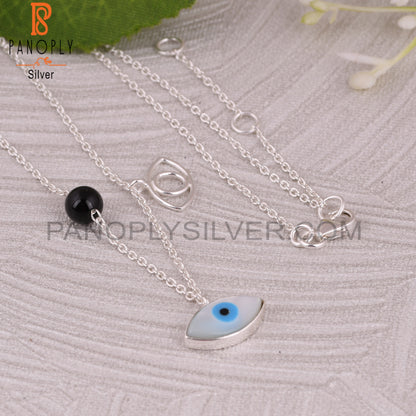 Black Onyx & Mother of Pearl Evil Eye 925 Silver Pendant