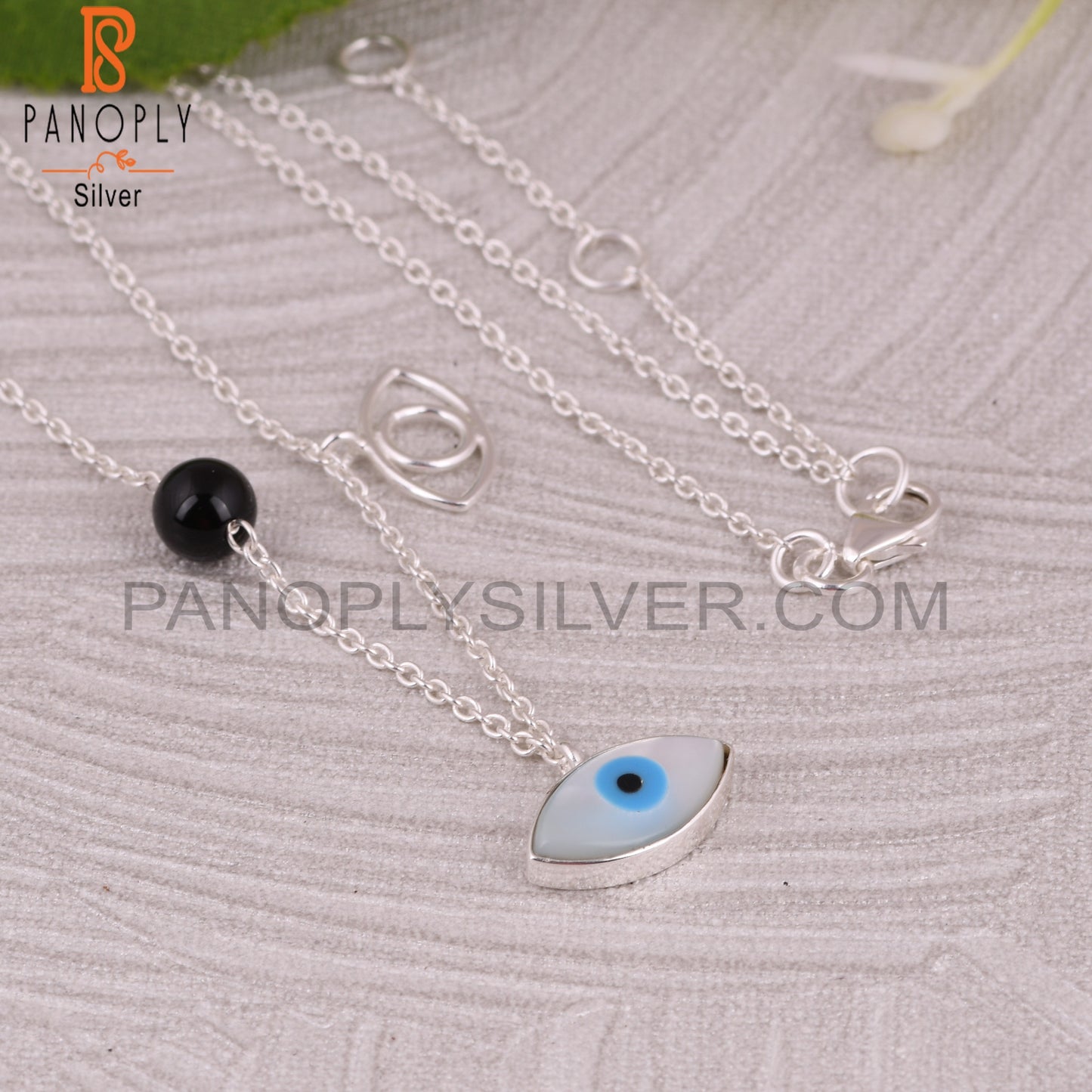 Black Onyx & Mother of Pearl Evil Eye 925 Silver Pendant