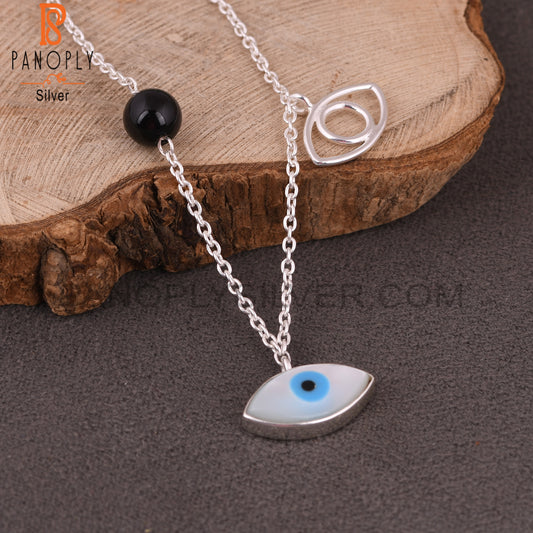 Black Onyx & Mother of Pearl Evil Eye 925 Silver Pendant