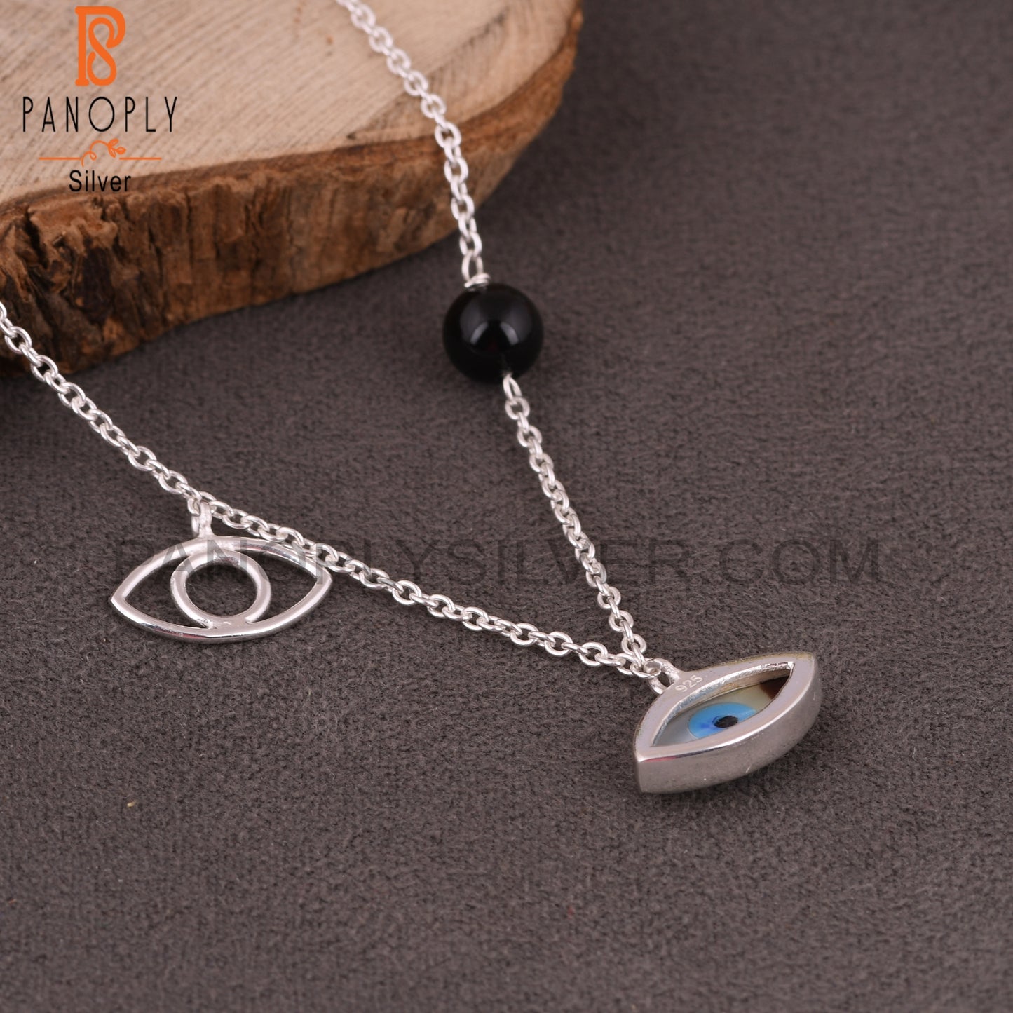 Black Onyx & Mother of Pearl Evil Eye 925 Silver Pendant