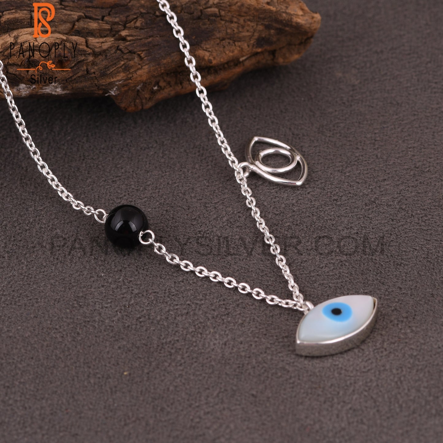 Black Onyx & Mother of Pearl Evil Eye 925 Silver Pendant