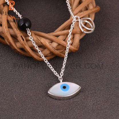 Black Onyx & Mother of Pearl Evil Eye 925 Silver Pendant