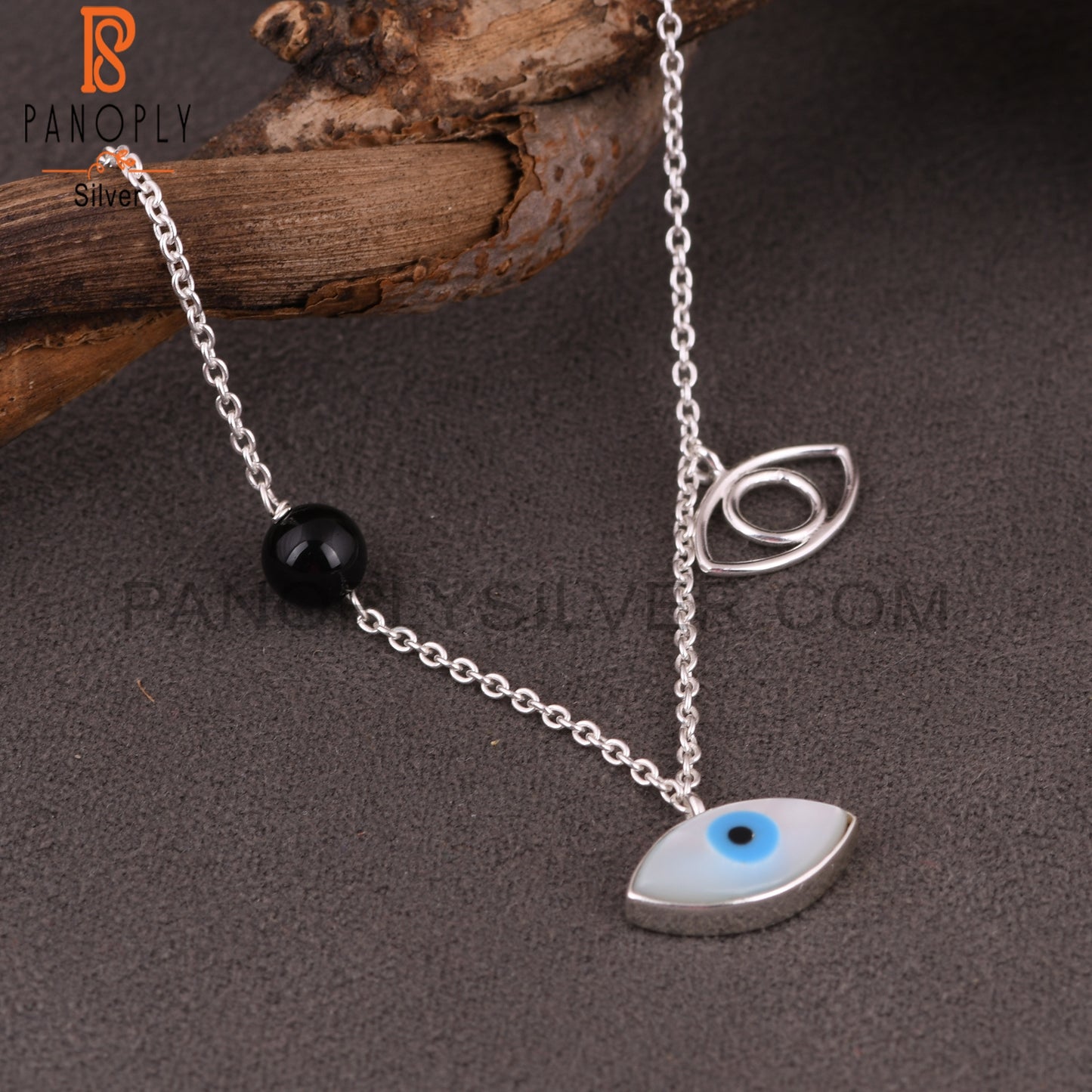 Black Onyx & Mother of Pearl Evil Eye 925 Silver Pendant