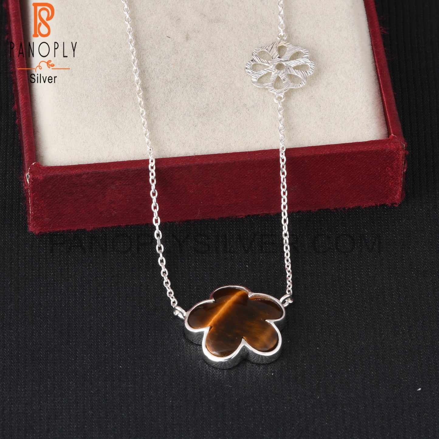 Tiger Eye Yellow Sunflower 925 Silver Pendant With Chain