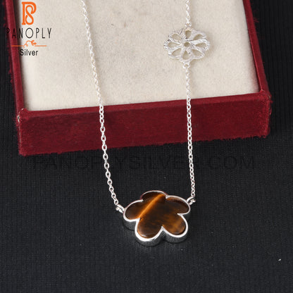 Tiger Eye Yellow Sunflower 925 Silver Pendant With Chain