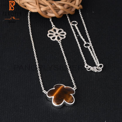 Tiger Eye Yellow Sunflower 925 Silver Pendant With Chain