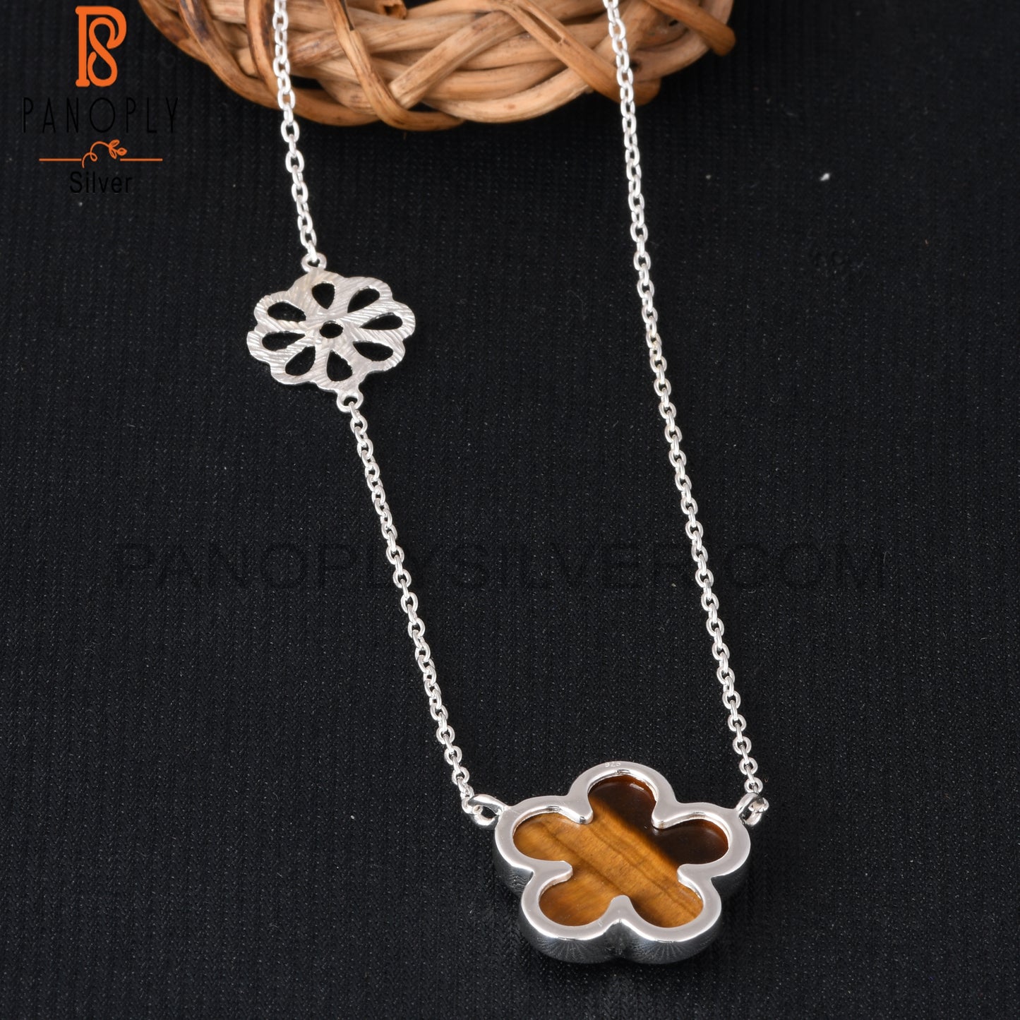 Tiger Eye Yellow Sunflower 925 Silver Pendant With Chain
