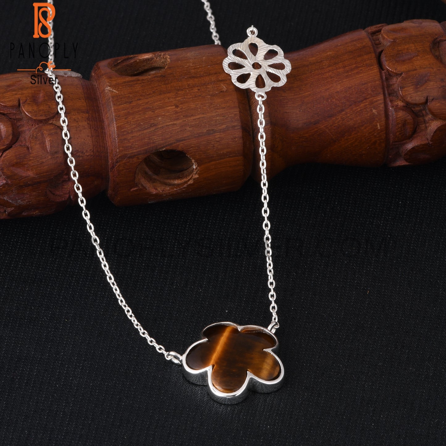 Tiger Eye Yellow Sunflower 925 Silver Pendant With Chain