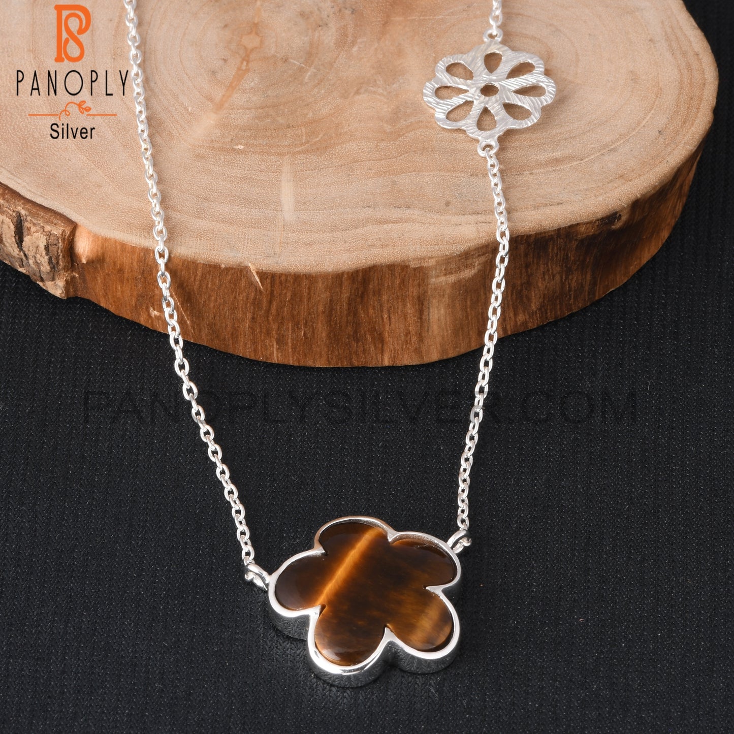 Tiger Eye Yellow Sunflower 925 Silver Pendant With Chain