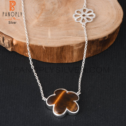 Tiger Eye Yellow Sunflower 925 Silver Pendant With Chain