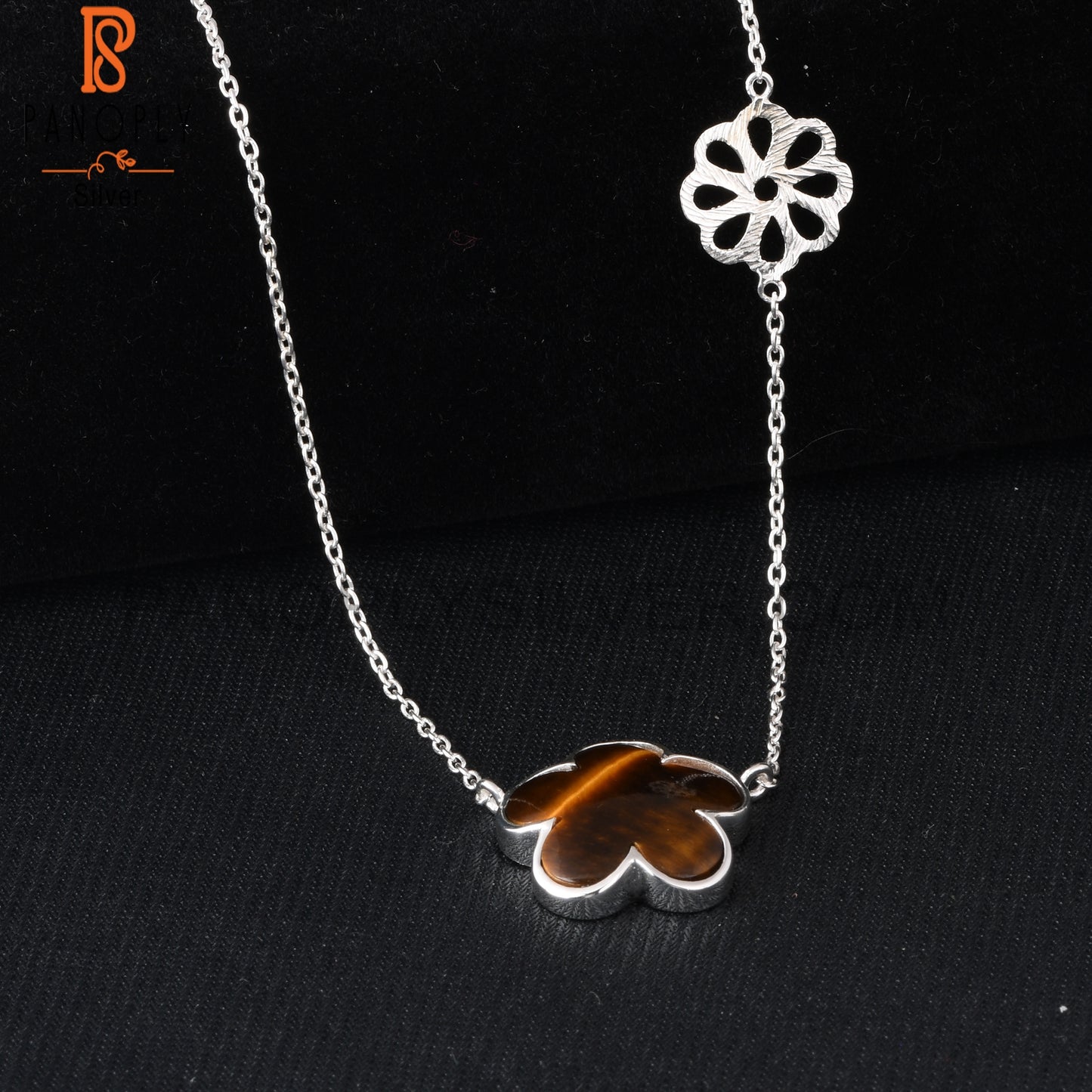 Tiger Eye Yellow Sunflower 925 Silver Pendant With Chain