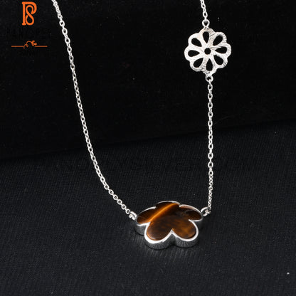 Tiger Eye Yellow Sunflower 925 Silver Pendant With Chain