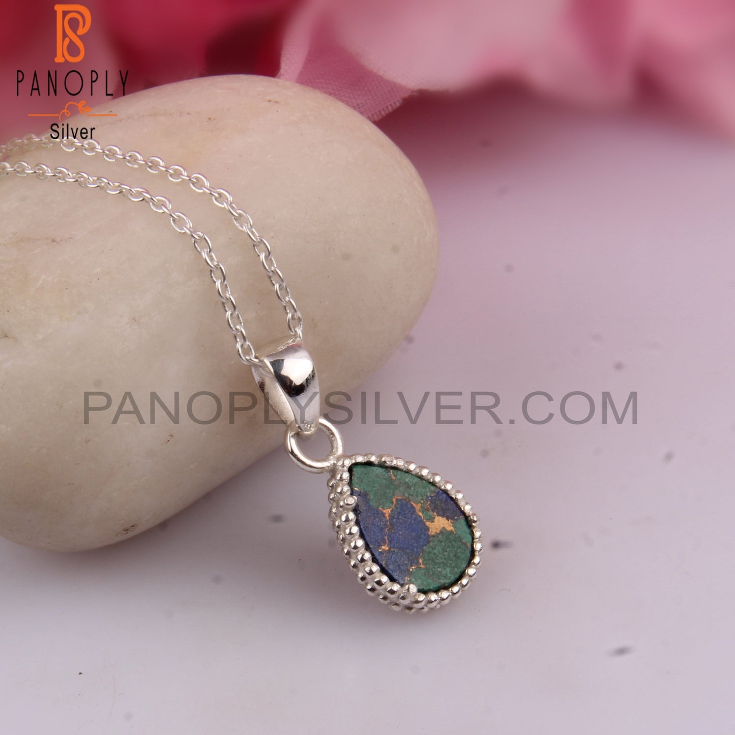 Mojave Copper Azurite Malachite Pear 925 Silver Chain Pendant