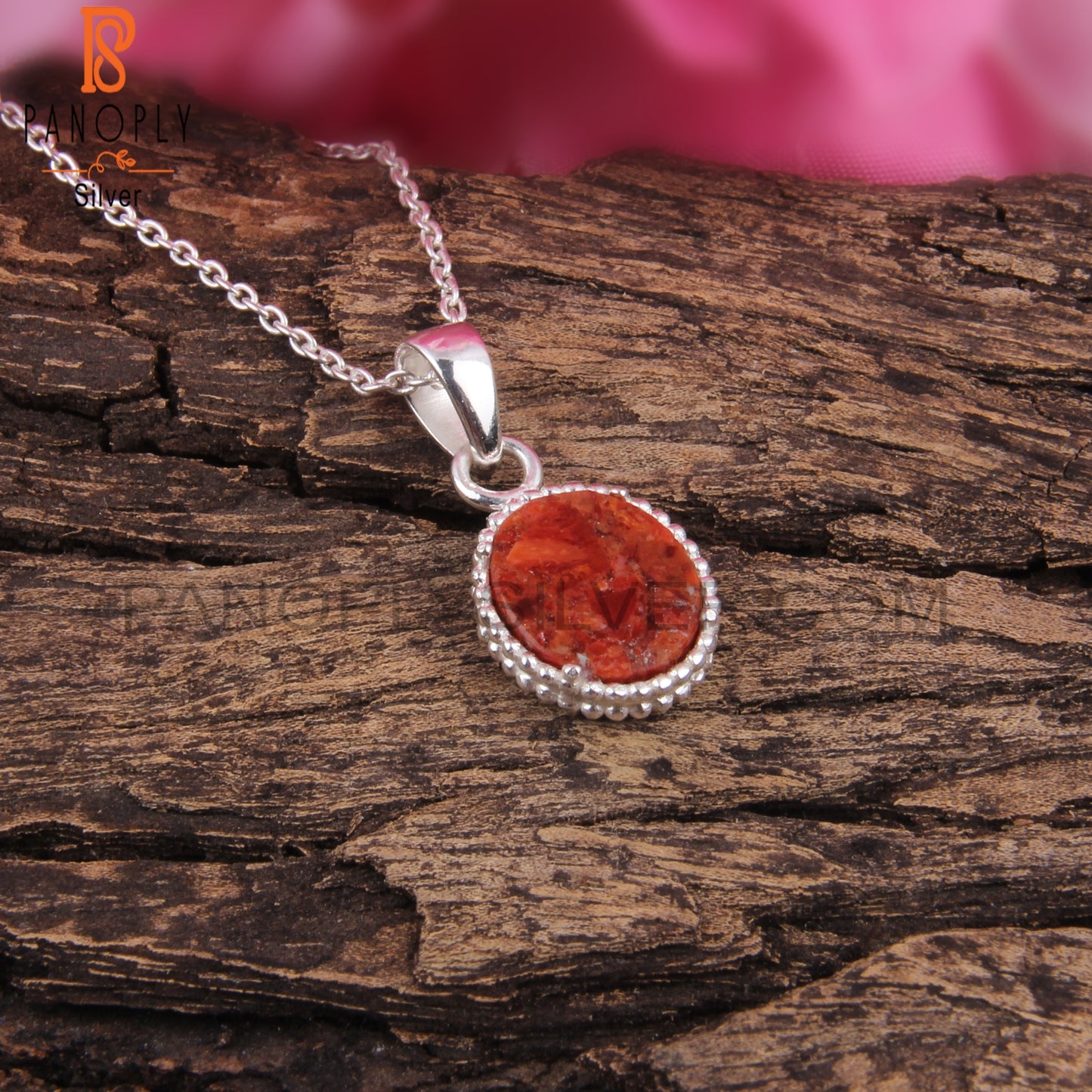Sponge Coral Oval Shape 925 Sterling Silver Pendant With Chain