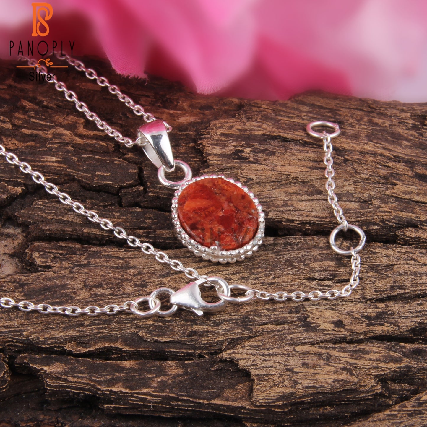 Sponge Coral Oval Shape 925 Sterling Silver Pendant With Chain
