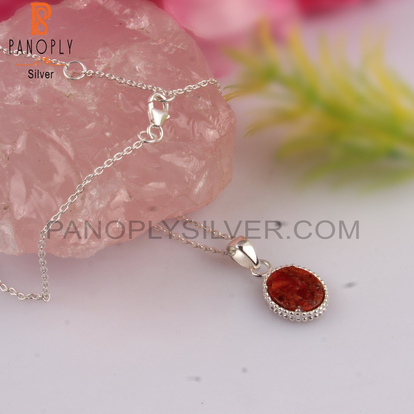 Sponge Coral Oval Shape 925 Sterling Silver Pendant With Chain