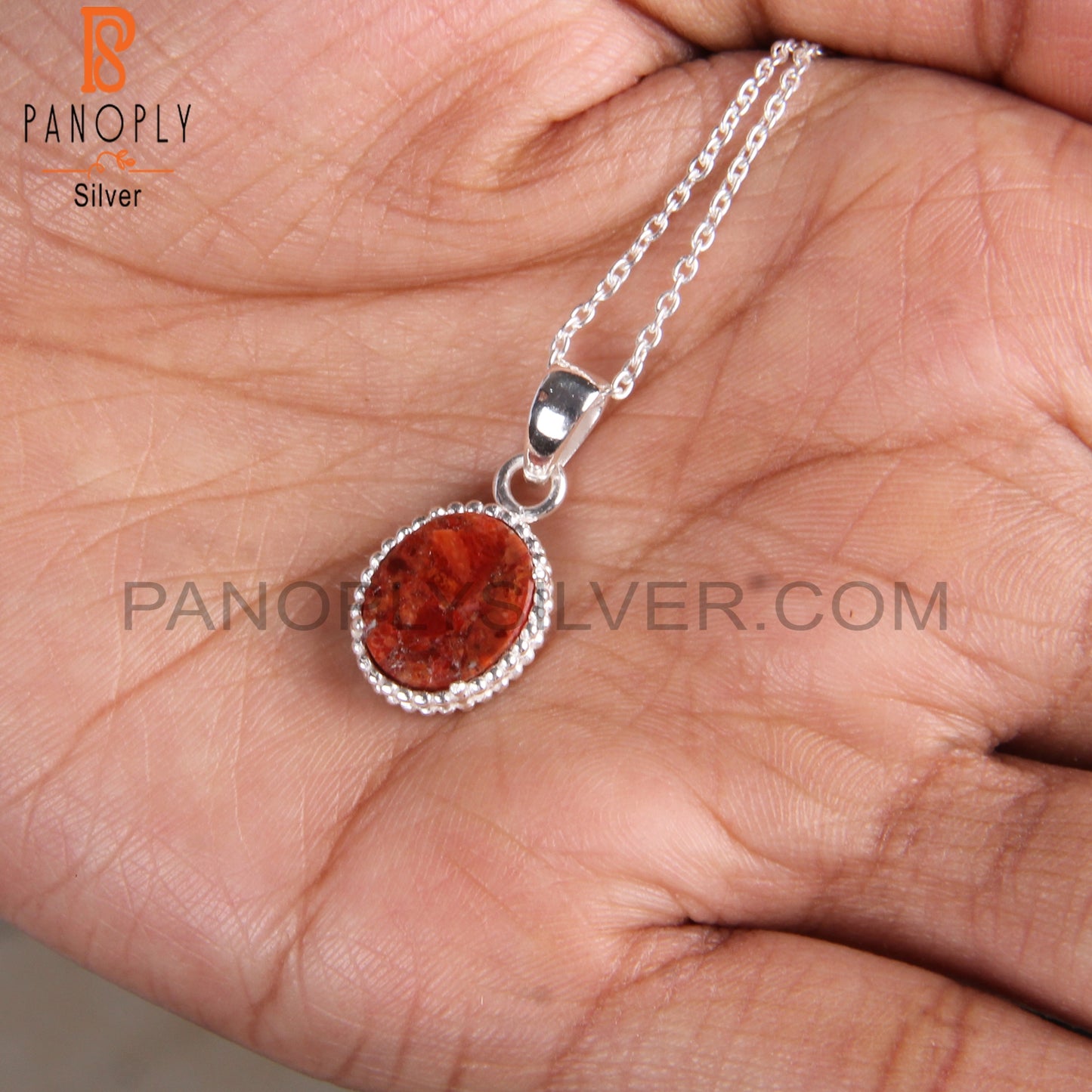 Sponge Coral Oval Shape 925 Sterling Silver Pendant With Chain