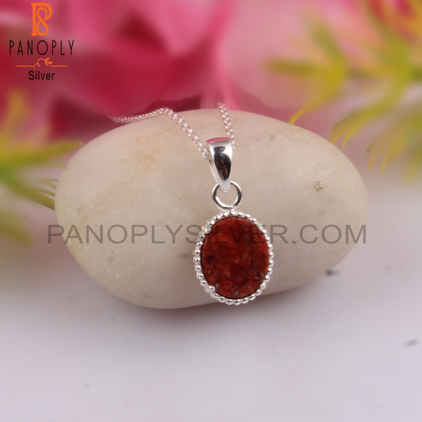 Sponge Coral Oval Shape 925 Sterling Silver Pendant With Chain