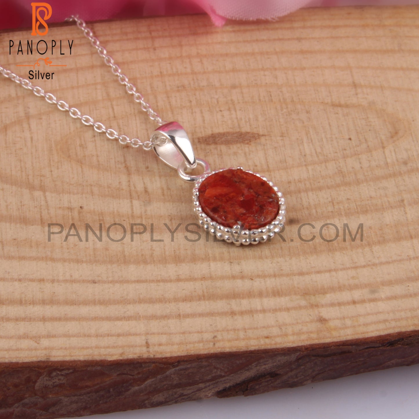 Sponge Coral Oval Shape 925 Sterling Silver Pendant With Chain