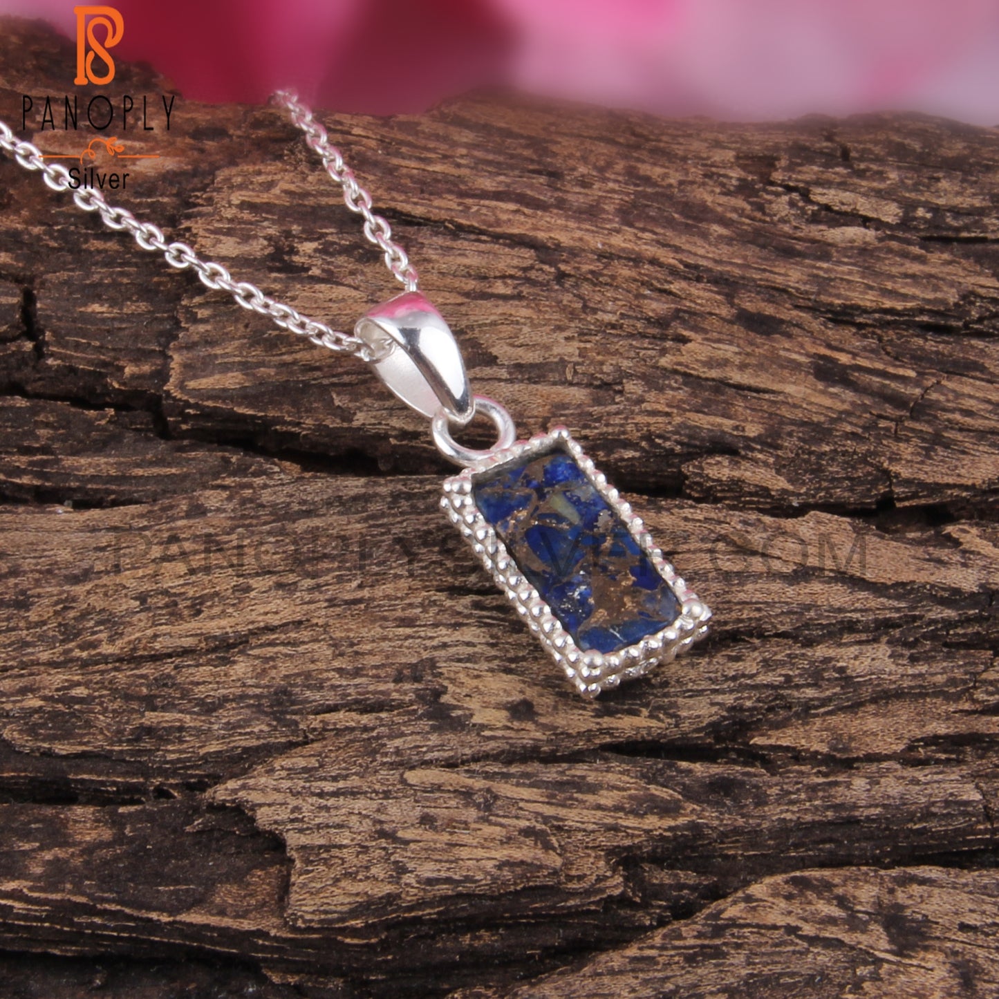 Mojave Copper Lapis Baguette 925 Silver Pendant With Chain