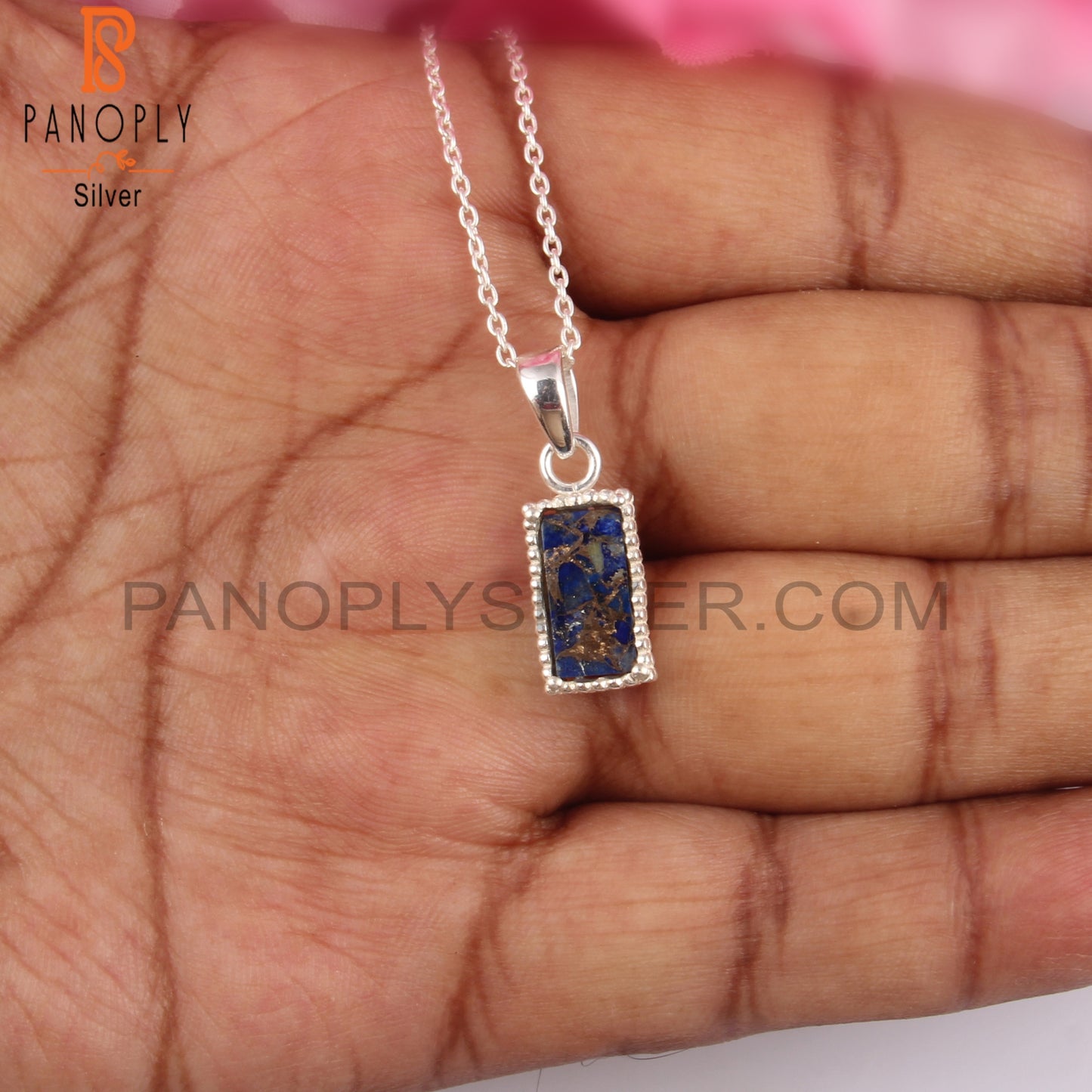 Mojave Copper Lapis Baguette 925 Silver Pendant With Chain