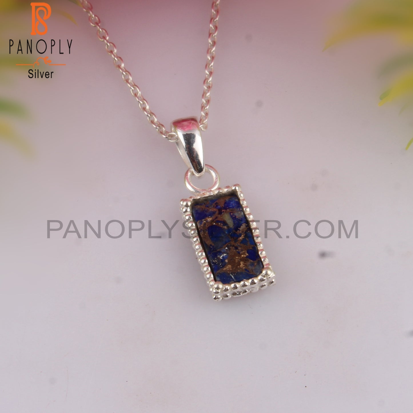Mojave Copper Lapis Baguette 925 Silver Pendant With Chain