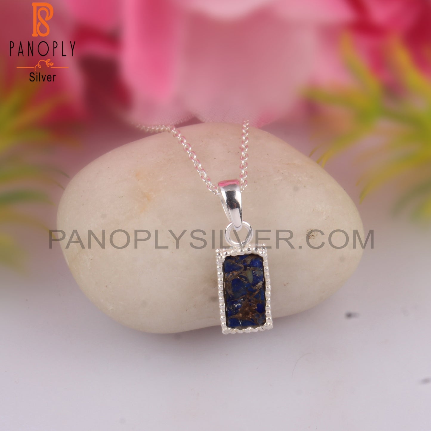Mojave Copper Lapis Baguette 925 Silver Pendant With Chain
