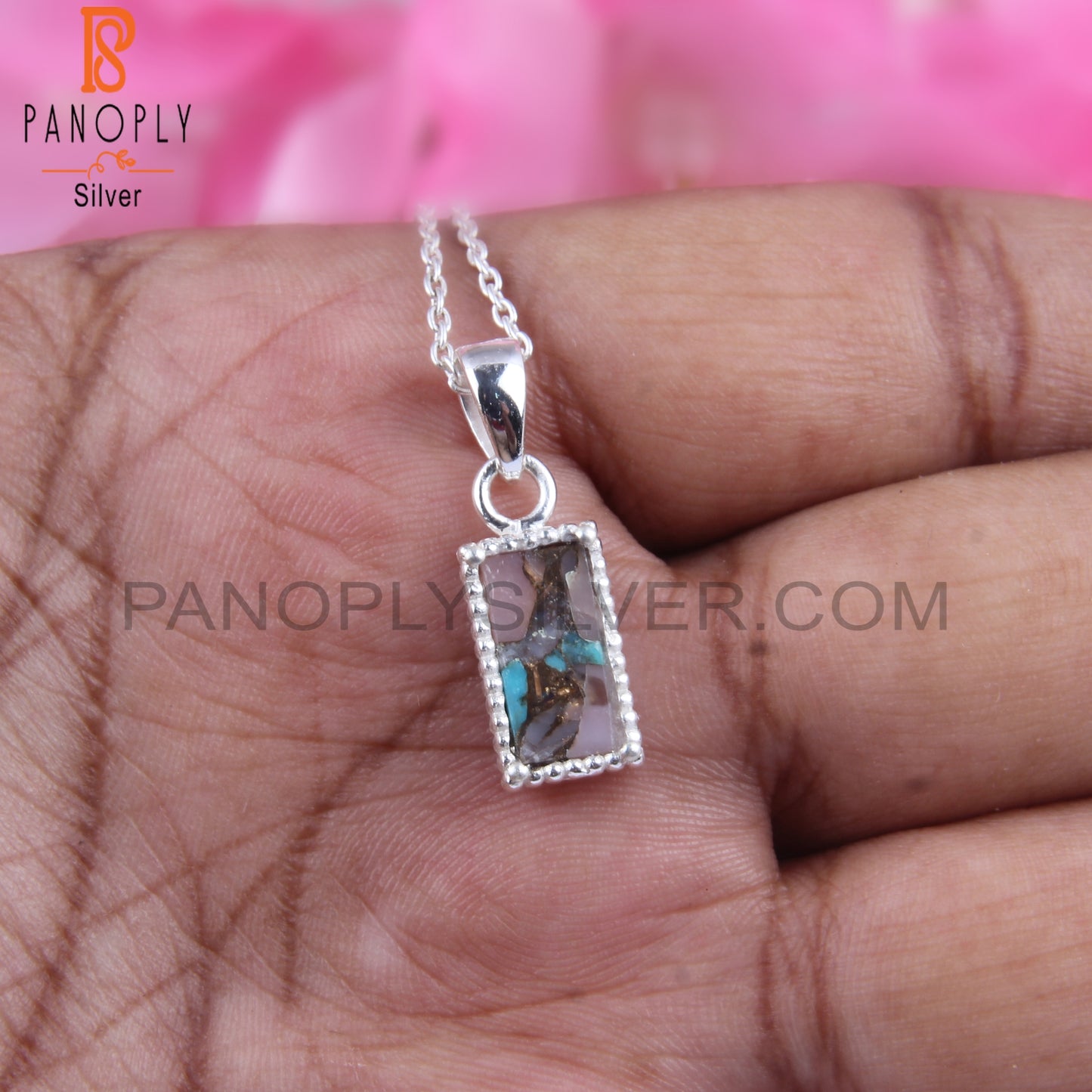 Mojave Copper Pink Opal Turquoise Baguette Silver Pendant