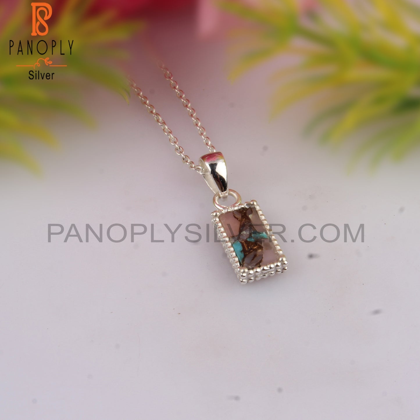 Mojave Copper Pink Opal Turquoise Baguette Silver Pendant