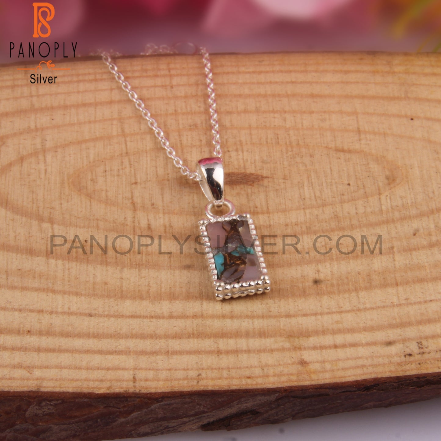 Mojave Copper Pink Opal Turquoise Baguette Silver Pendant