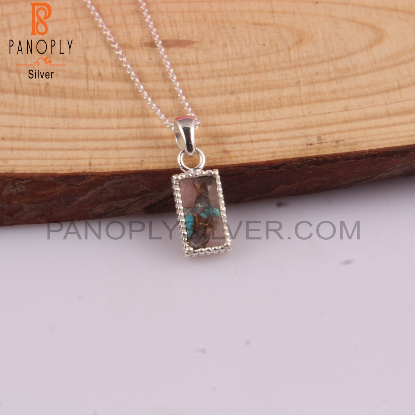 Mojave Copper Pink Opal Turquoise Baguette Silver Pendant
