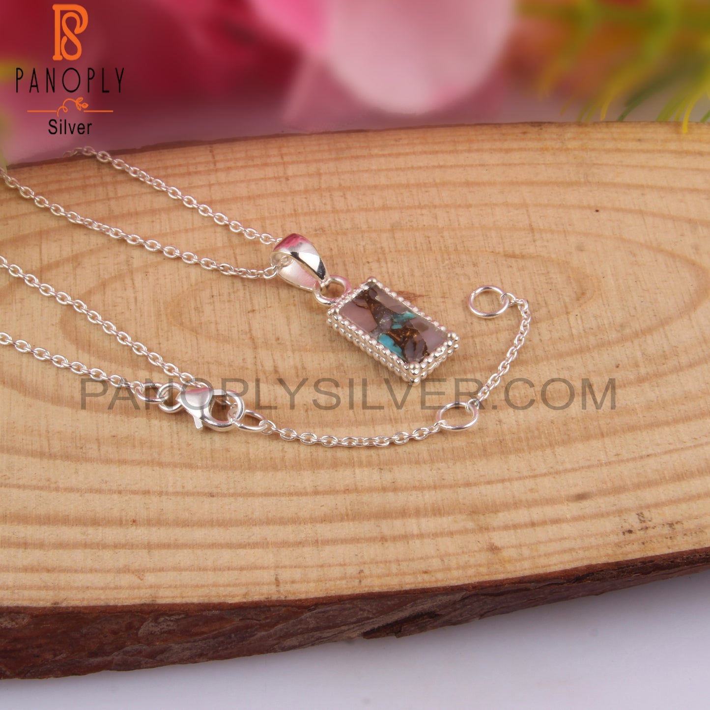 Mojave Copper Pink Opal Turquoise Baguette Silver Pendant