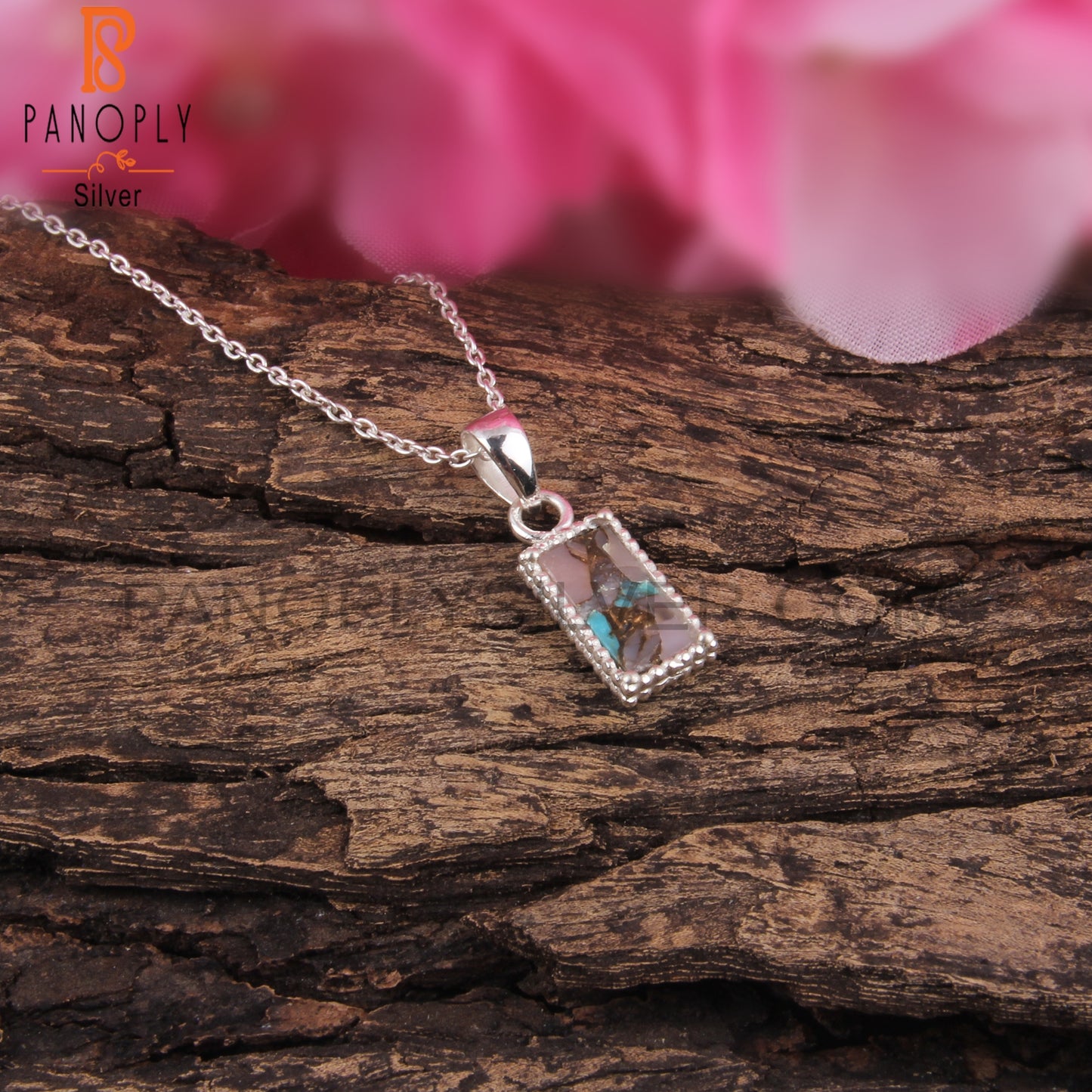 Mojave Copper Pink Opal Turquoise Baguette Silver Pendant